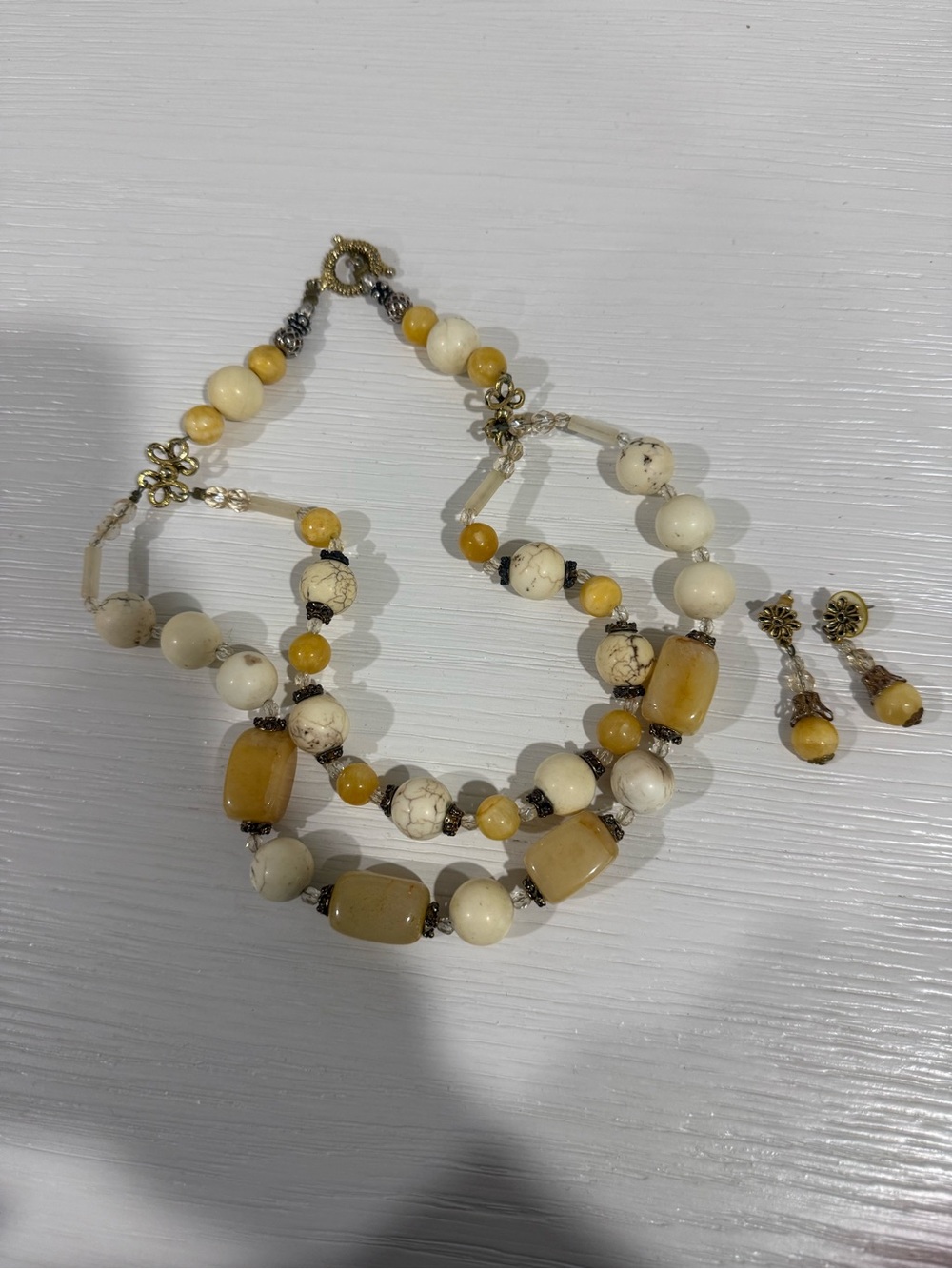 Yellow and Cream Beaded Layered Necklace with Matching Earrings